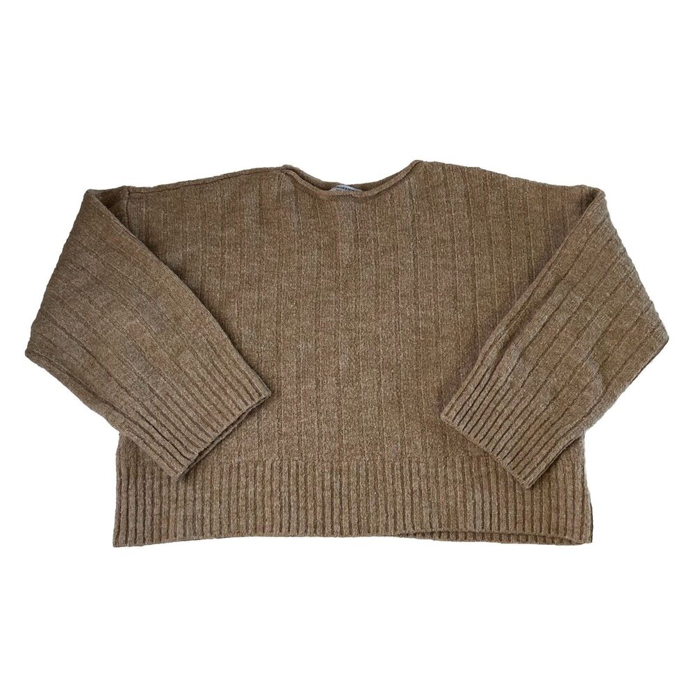 stradivarius Women’s Ribbed Knit Cropped Sweater Crew Neck Cozy Pullover Small